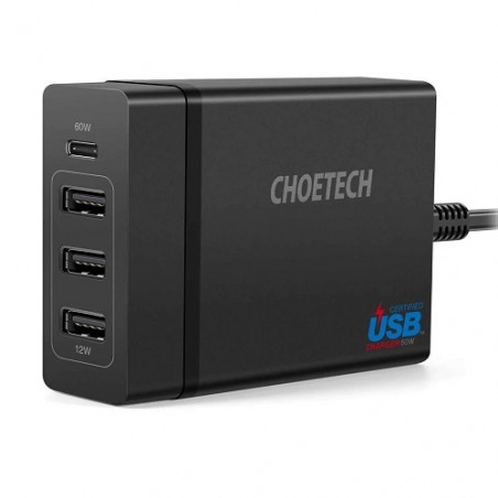 Kroviklis CHOETECH 3x USB Type-A + Type-C: 72W, PD, 1.5m