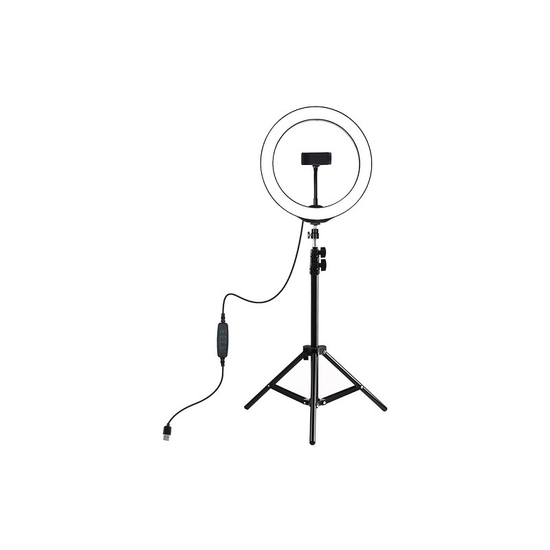 LED žiedinė lempa 26cm, su trikoju stovu iki 1.1m ir telefono laikikliu, USB