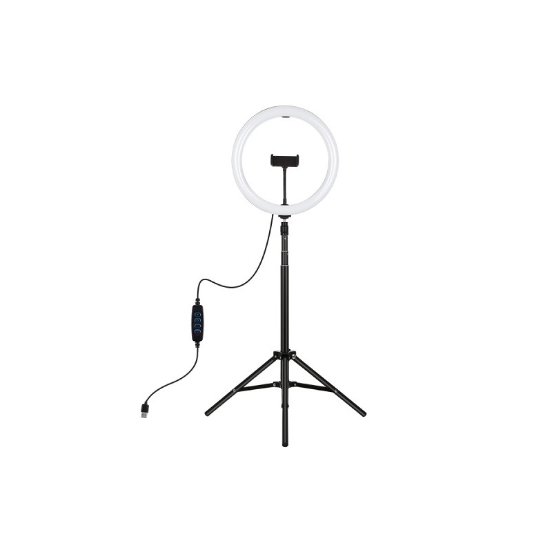 LED žiedinė lempa 30cm su trikoju stovu iki 1.65m ir telefono laikikliu, USB