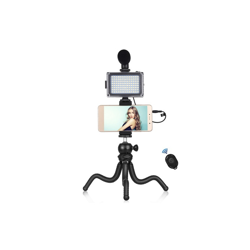 Blogerio rinkinys su lanksčiu stovu, LED apšvietimu, telefono laikikliu ir mikrofonu