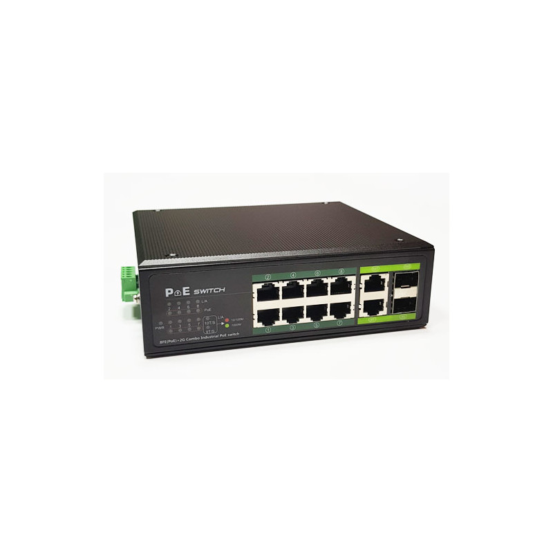 Industrinis PoE šakotuvas 100Mbps 8portų+2G uplink RJ45 arba SFP portai, -40 C, IEEE802.3af/at