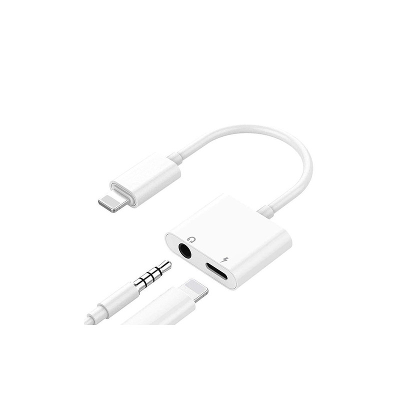 Dvigubas adapteris iPhone Lightning - 3.5 mm ausinėms ir krovikliui