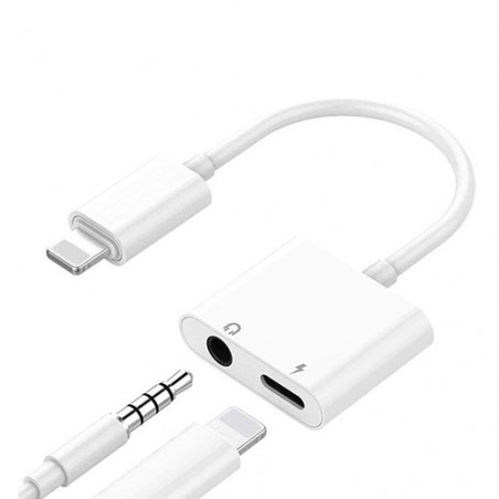 Dvigubas adapteris iPhone Lightning - 3.5 mm ausinėms ir krovikliui