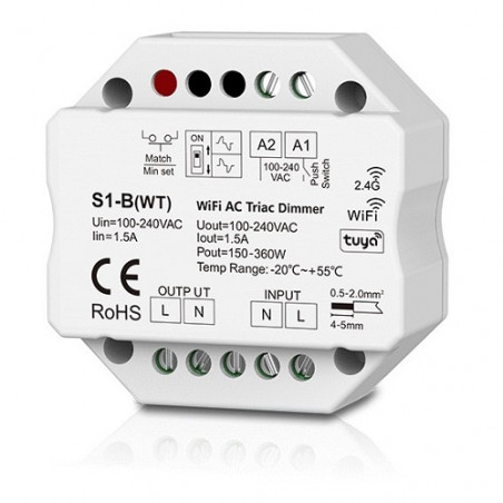 S1-B(WT) vieno kanalo 230V valdiklis, TRIAC, Push-Dimm, Tuya, Wi-Fi