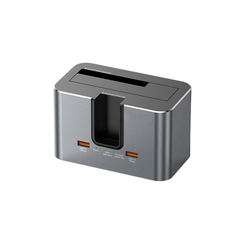 Dviejų diskų Docking Station M.2 SATA/ NVME, 2.5"/3.5" SSD/HDD, 2x USB-A, USB-C